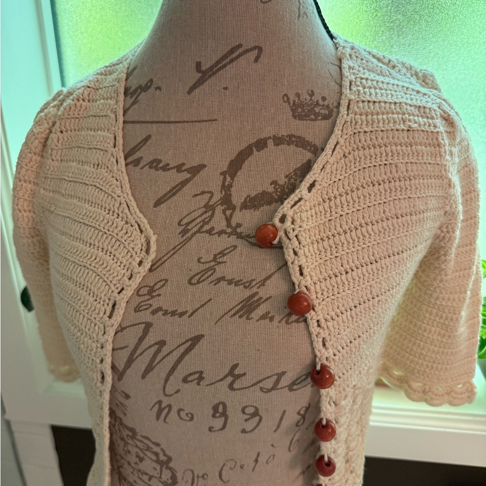 Anthropologie Cream Crochet Short-Sleeve Cardigan with Wooden Buttons